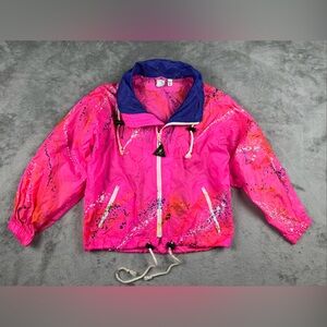 OP Ocean Pacific Hot Pink Splatter Snowboard Team Windbreaker Jacket Girl’s Med